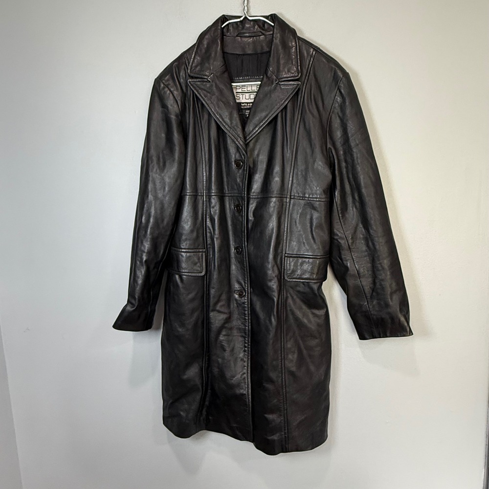 Vtg Pelle Studio Wilsons  Black Car Coat Jacket Mens XL 100% Leather Vintage